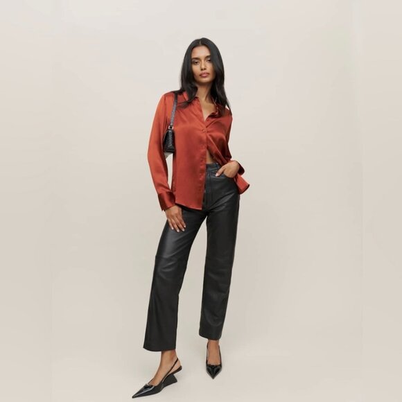 Reformation Sky Relaxed Silk Button Down Blouse in Oxide Rust, Size Medium - Picture 1 of 5